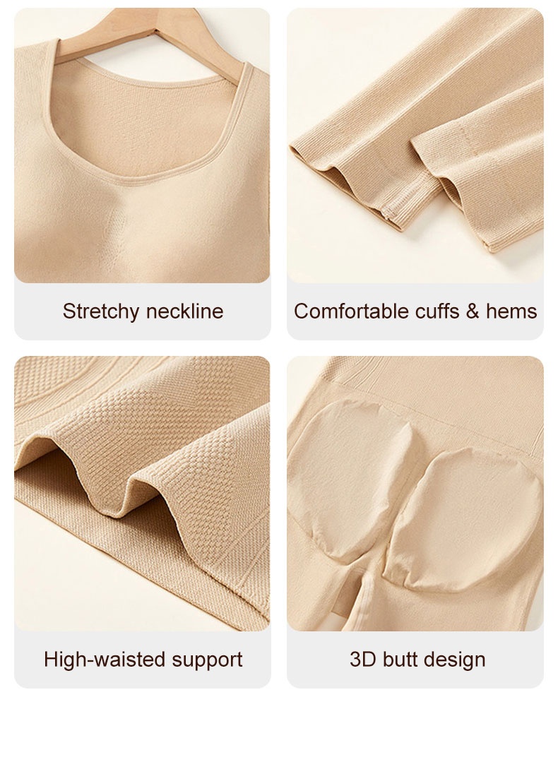 Detail collage showing ivory thermal top neckline sleeve cuffs ribbed waistband and shaped seat panels VEIMIA