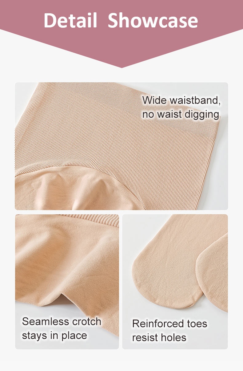 Detail showcase of wide waistband seamless crotch and reinforced beige tights toes VEIMIA
