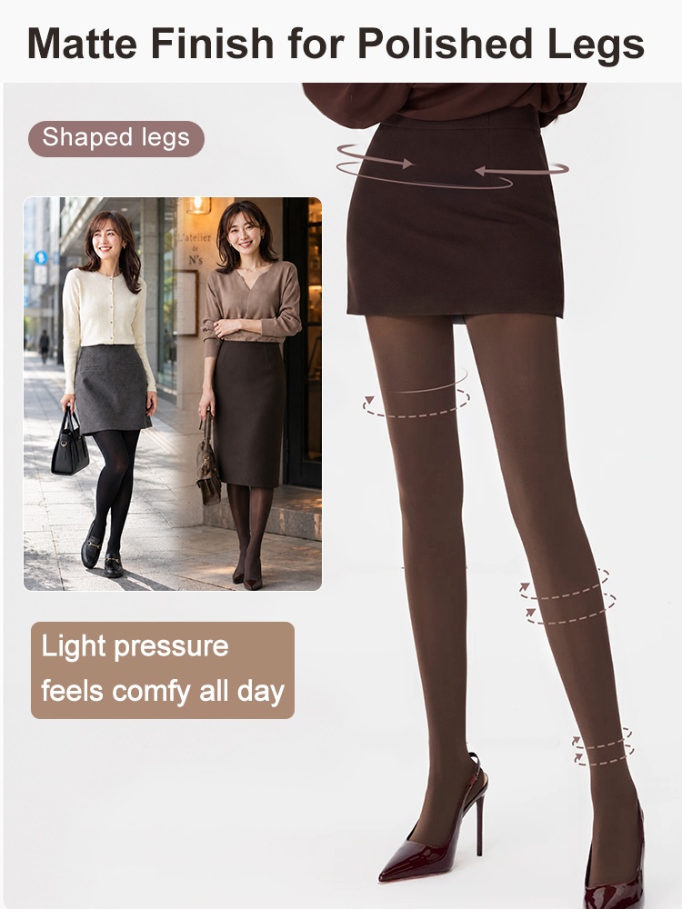 Model wearing brown matte tights with light pressure shaping graphic VEIMIA