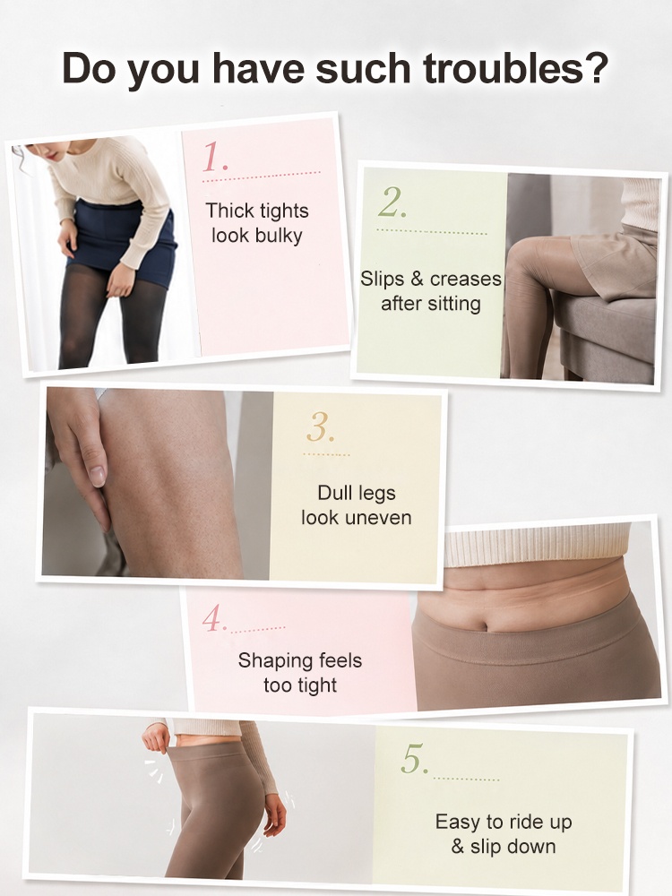 Concern graphic showing bulky tights creasing uneven appearance tight shaping and slipping VEIMIA