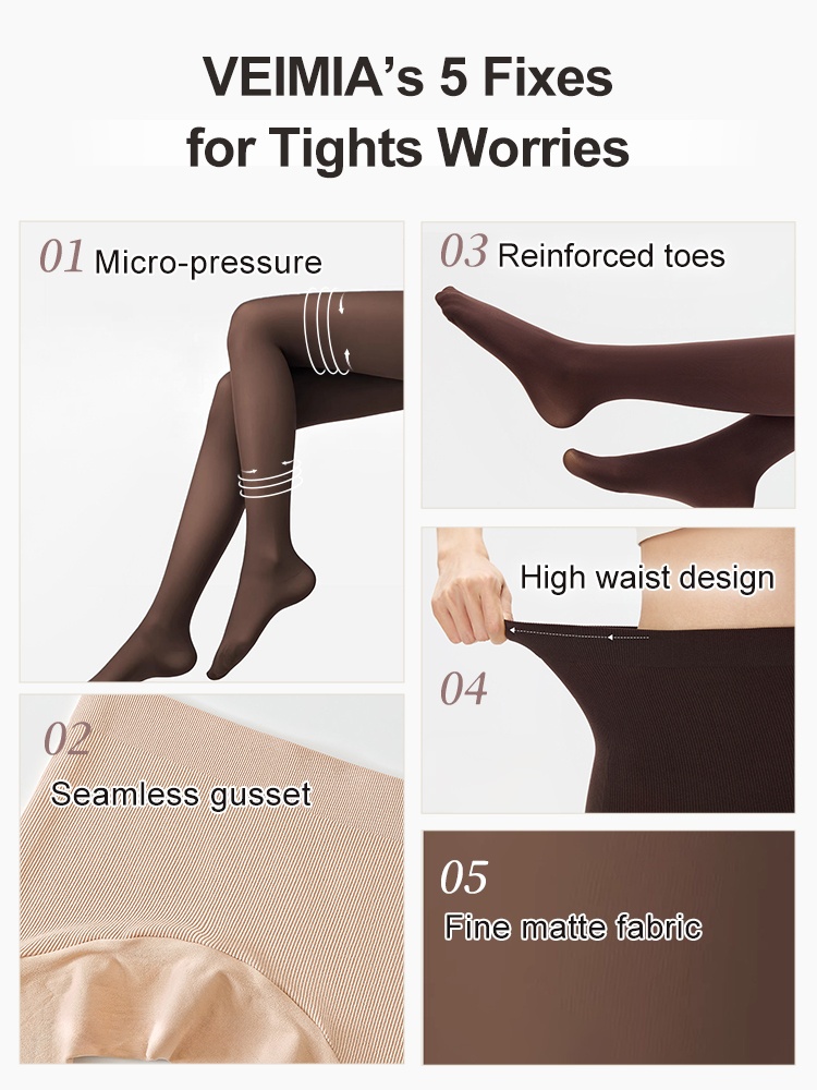 Feature graphic showing micro-pressure reinforced toes seamless gusset high waist and matte fabric VEIMIA