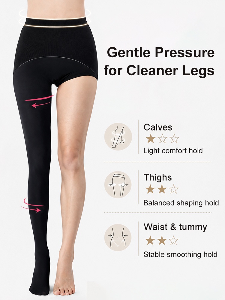 Pressure guide showing shaping zones at calves thighs waist and tummy VEIMIA