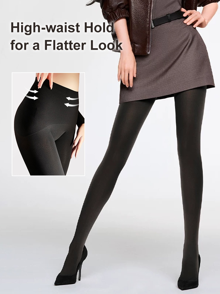 Model wearing black high waist tights with smoothing waist panel VEIMIA