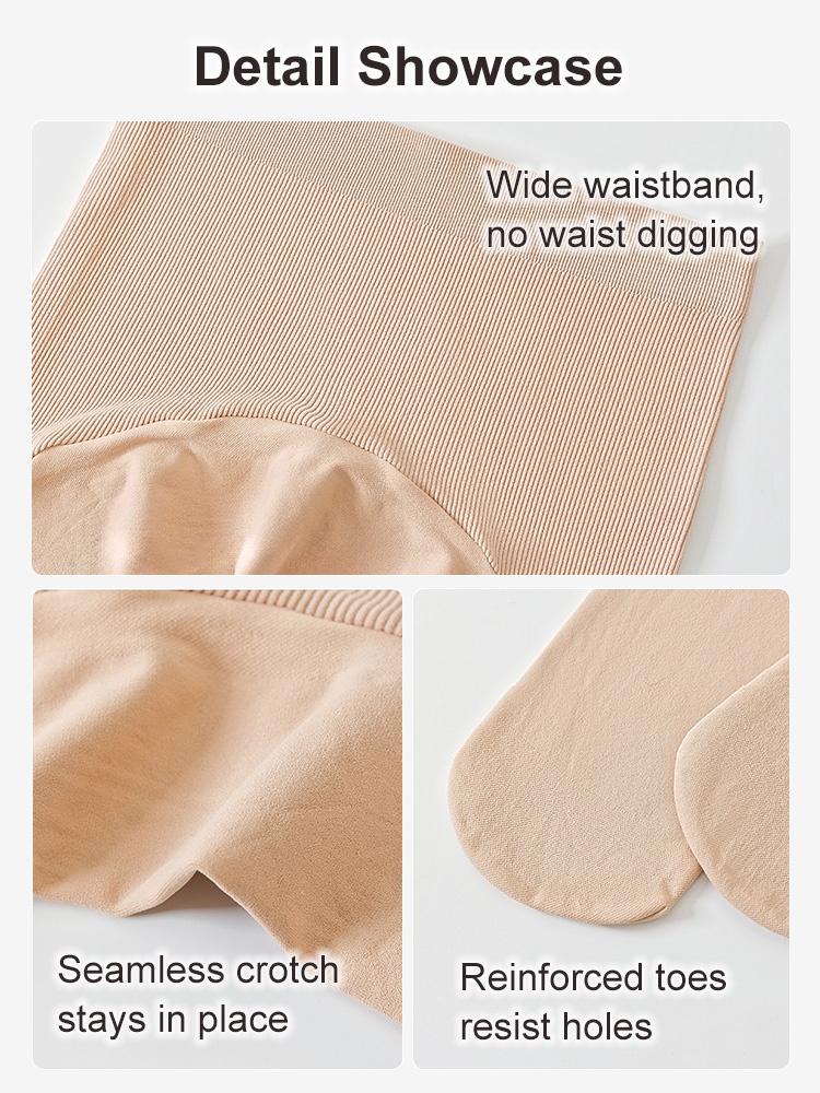 Detail showcase of wide waistband seamless crotch and reinforced tights toes VEIMIA