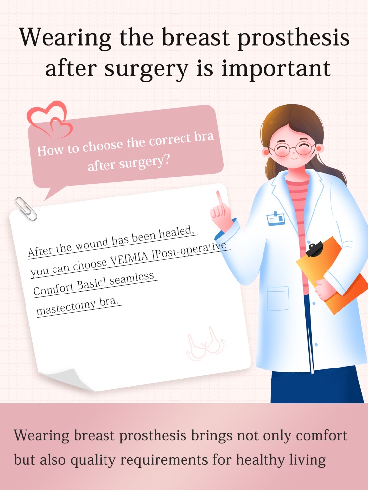 Post-surgery bra selection guide graphic with illustrated clinician and breast prosthesis advice VEIMIA
