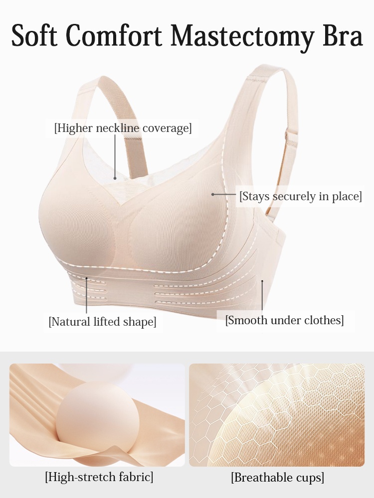 Beige mastectomy bra feature graphic showing high neckline stretch fabric and breathable cups VEIMIA