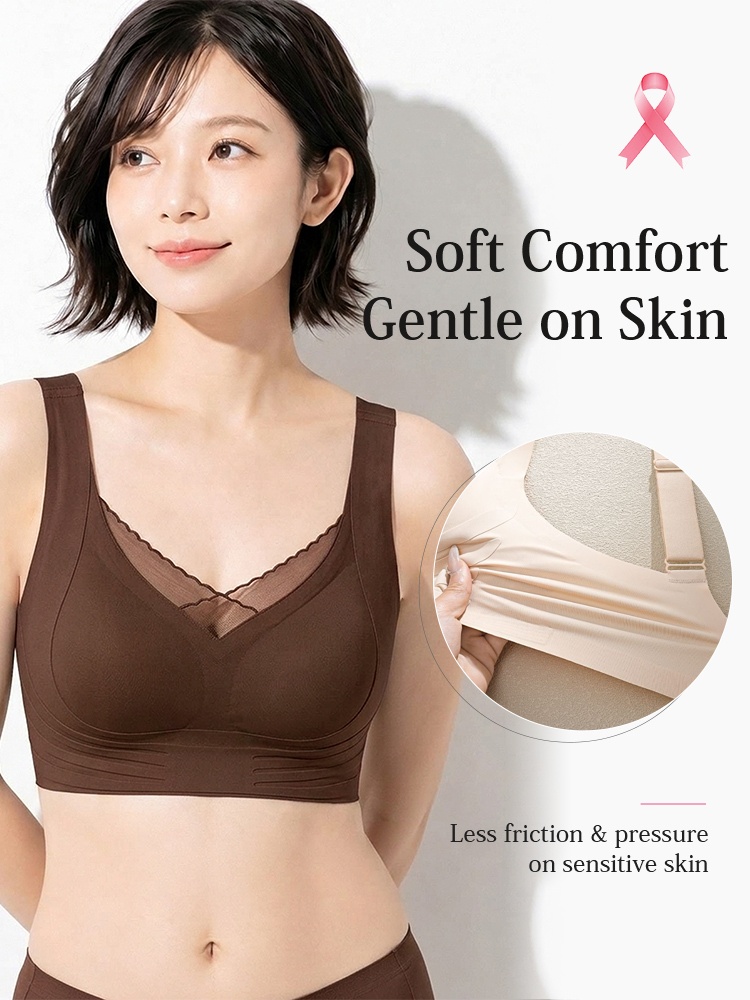 Model wearing brown mastectomy bra with close-up of stretch underband fabric VEIMIA