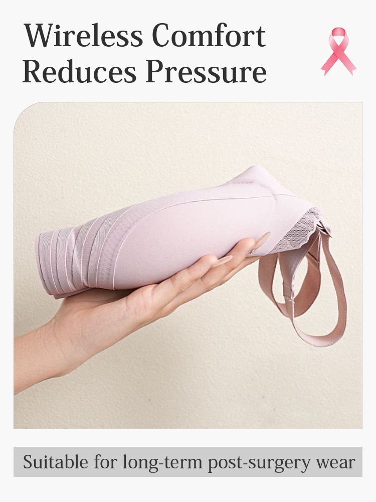 Folded pink wireless mastectomy bra held in hand for comfort demonstration VEIMIA