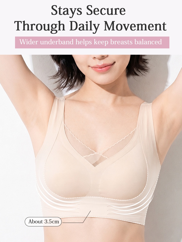 Feature graphic showing beige mastectomy bra wide underband during raised-arm movement VEIMIA