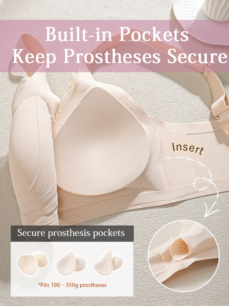 Inside view of beige mastectomy bra showing built-in breast prosthesis pocket VEIMIA