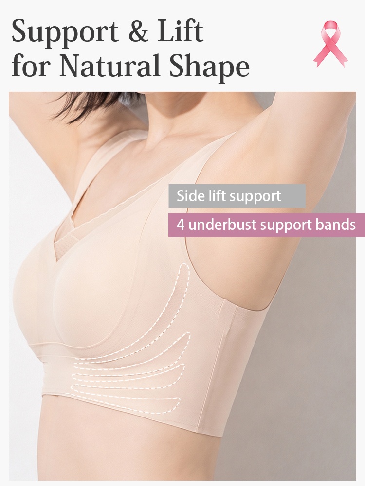 Side view of beige mastectomy bra showing lift support and underbust bands VEIMIA