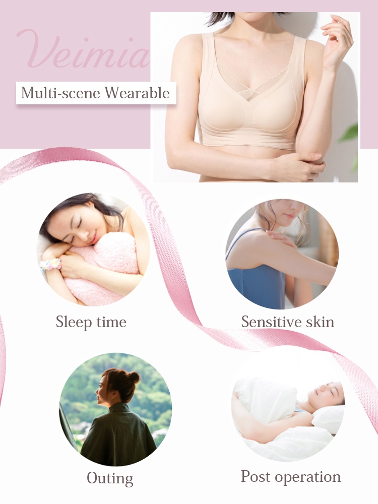 Lifestyle collage showing beige mastectomy bra and everyday wear situations VEIMIA