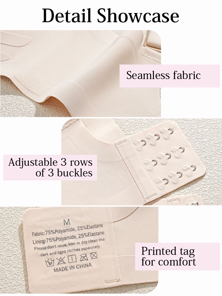 Detail showcase of seamless bra fabric three-row hook closure and printed fabric tag VEIMIA