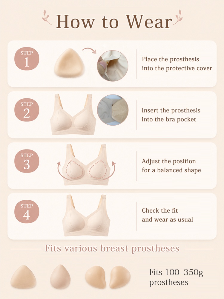 Four-step guide showing how to insert breast prostheses into bra pockets VEIMIA