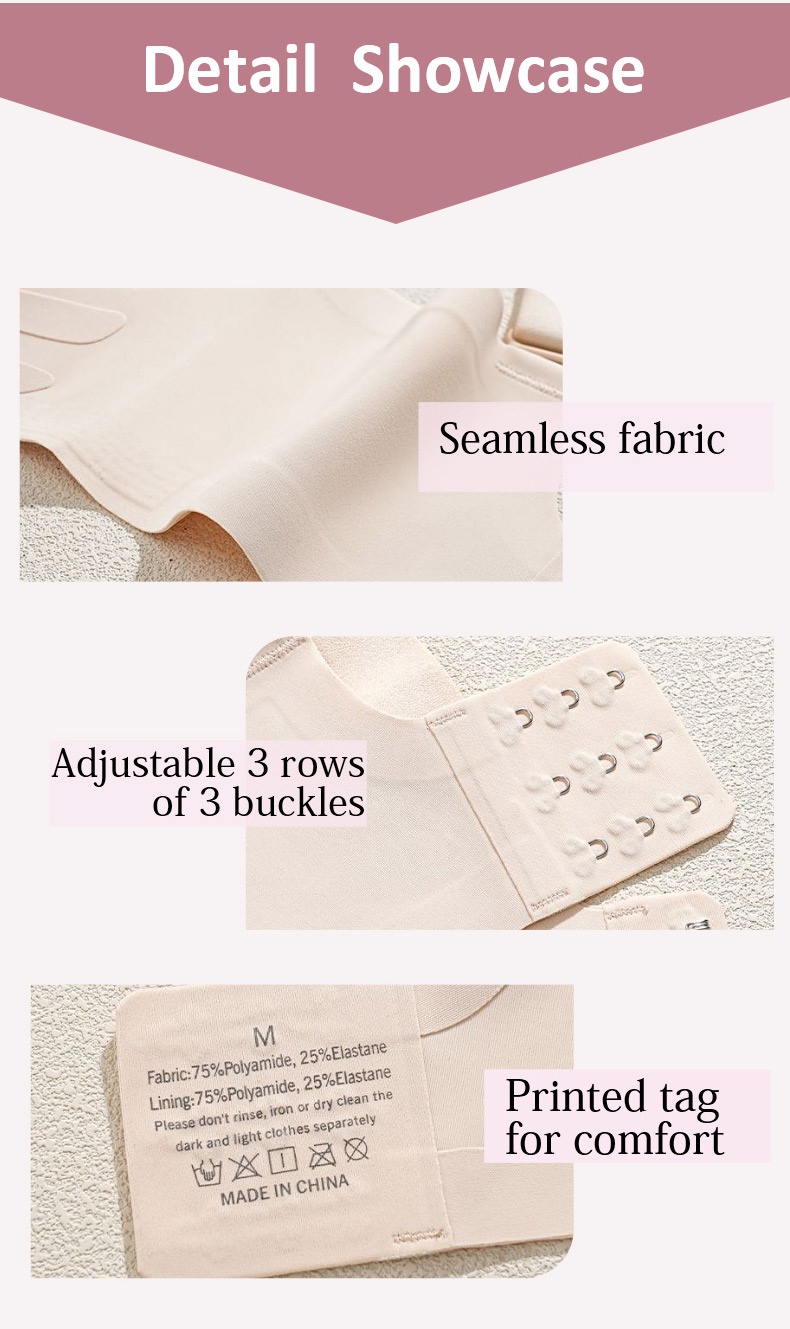 Detail showcase of seamless fabric three-row hook closure and printed care tag VEIMIA