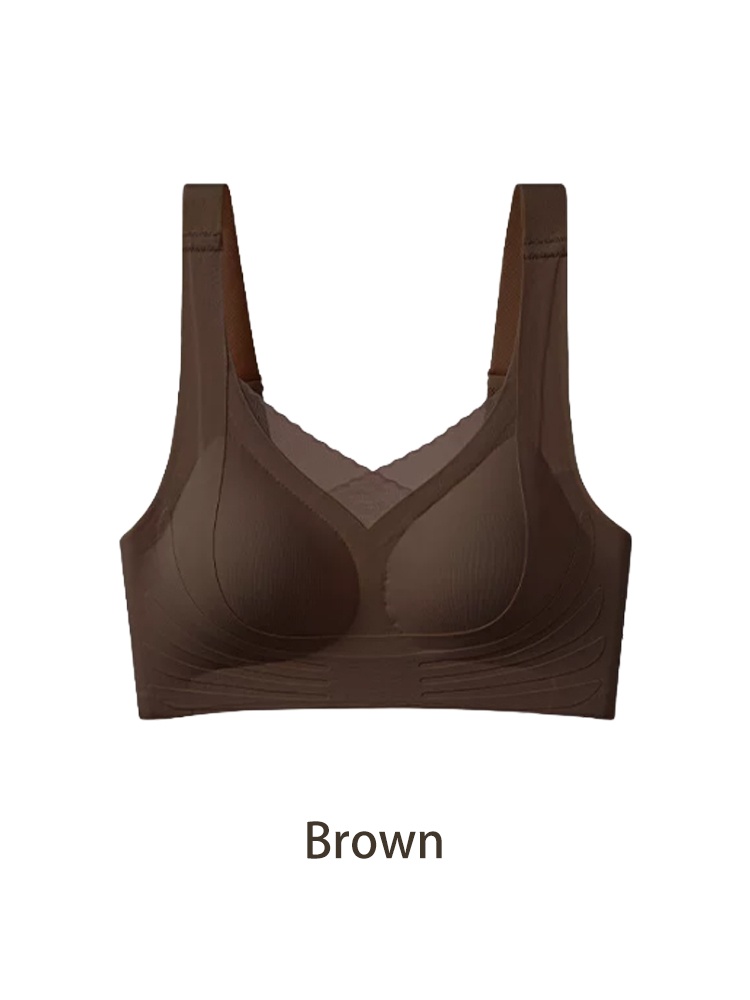 Brown mastectomy bra front view with mesh V neckline and wide underband VEIMIA