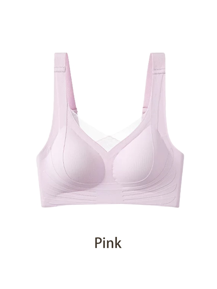 Pink mastectomy bra front view with mesh V neckline and wide underband VEIMIA