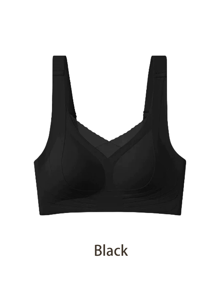 Black mastectomy bra front view with mesh V neckline and wide underband VEIMIA