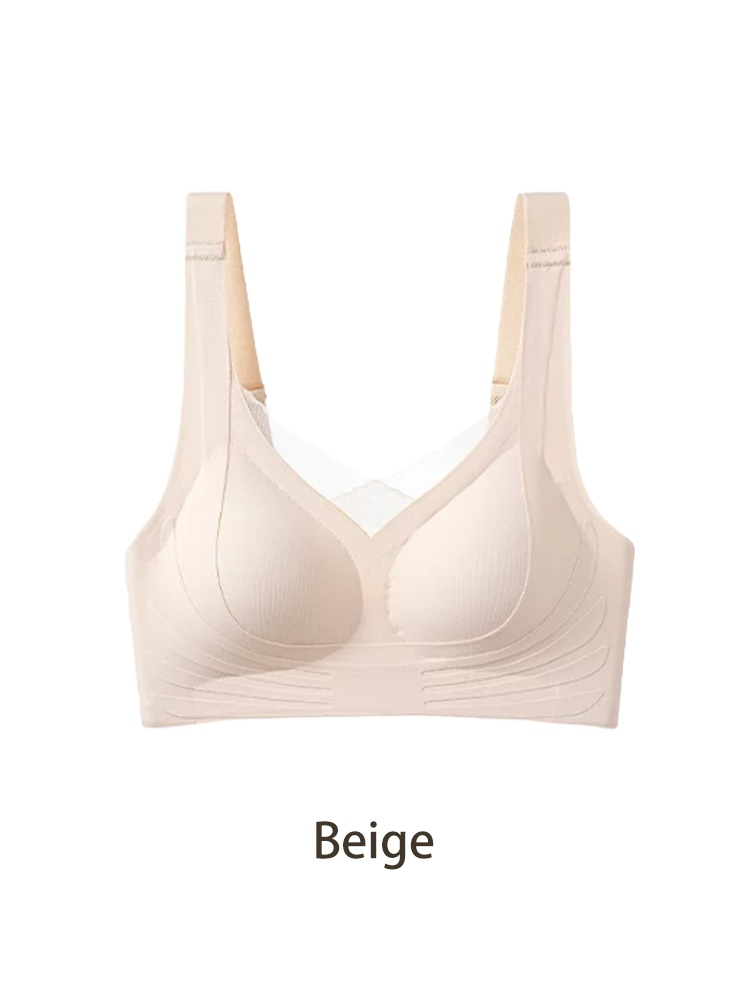 Beige mastectomy bra front view with mesh V neckline and wide underband VEIMIA