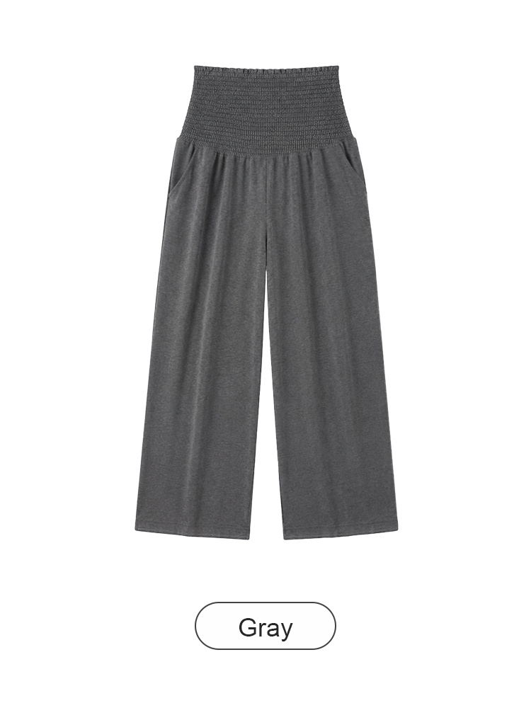 Gray wide-leg maternity pants front view with high smocked belly panel VEIMIA