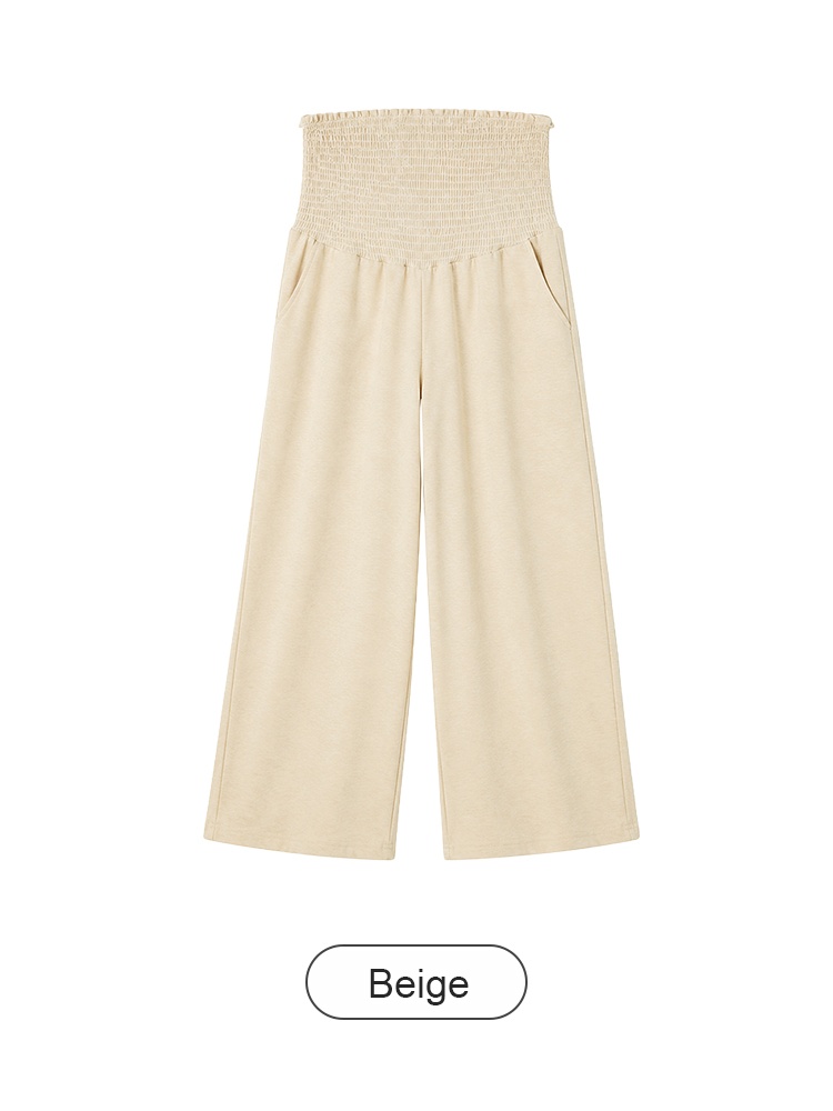 Beige wide-leg maternity pants front view with high smocked belly panel VEIMIA