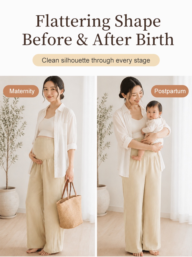 Maternity and postpartum models wearing beige wide-leg pants with supportive high waist VEIMIA
