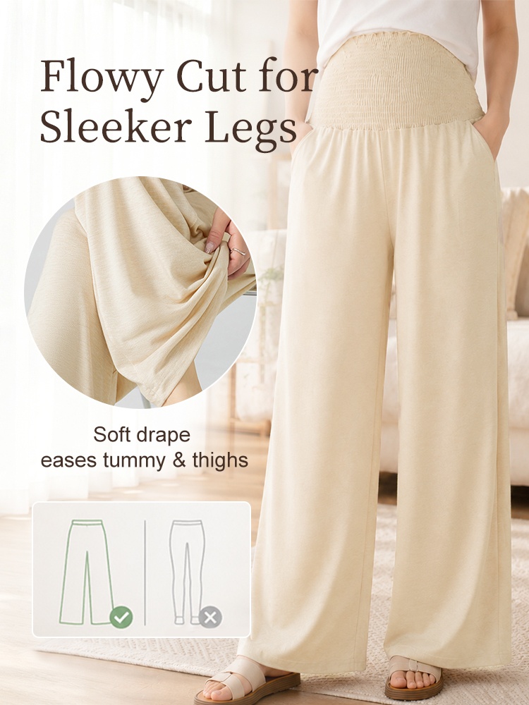 Beige maternity pants with flowy wide-leg cut and soft drape detail VEIMIA
