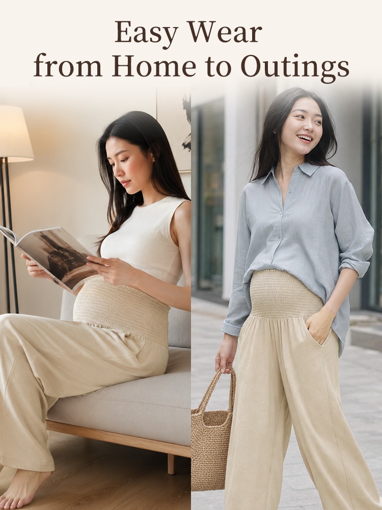 Models wearing beige maternity pants at home and during an outdoor outing VEIMIA