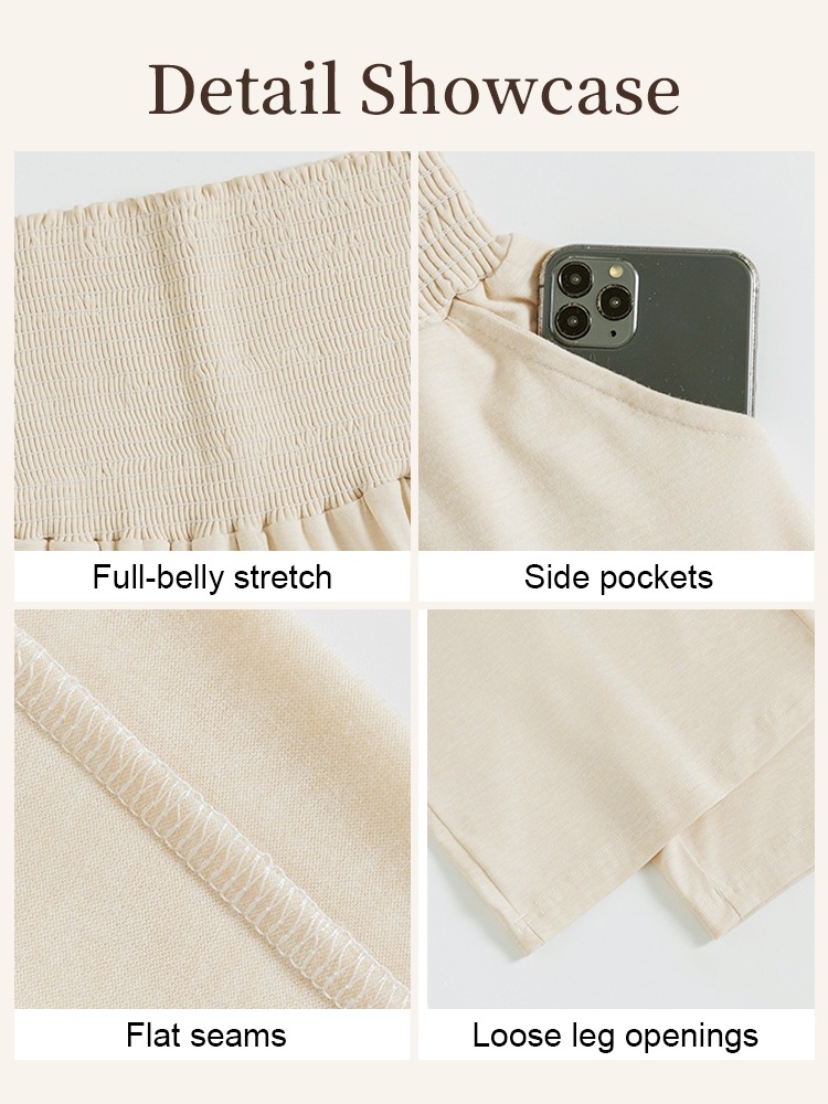 Detail graphic showing stretch belly band side pockets flat seams and loose legs VEIMIA