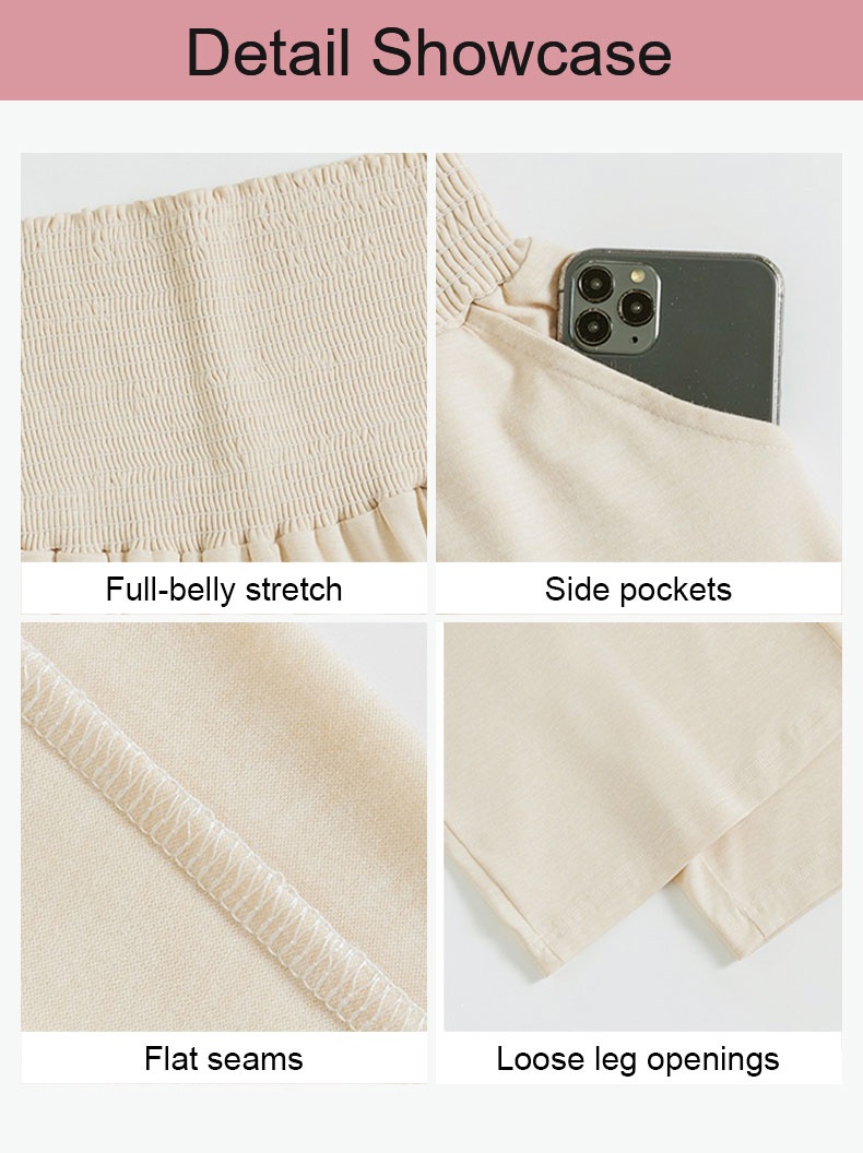 Detail showcase of stretch belly panel side pockets flat seams and loose openings VEIMIA