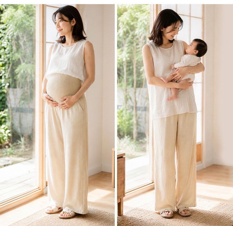 Maternity and postpartum models wearing beige wide-leg pants in side-by-side views VEIMIA