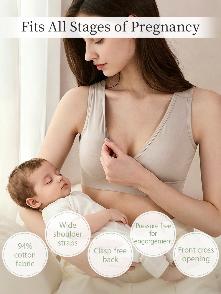 Mother breastfeeding baby in wireless maternity nursing bra for all pregnancy stages - VEIMIA