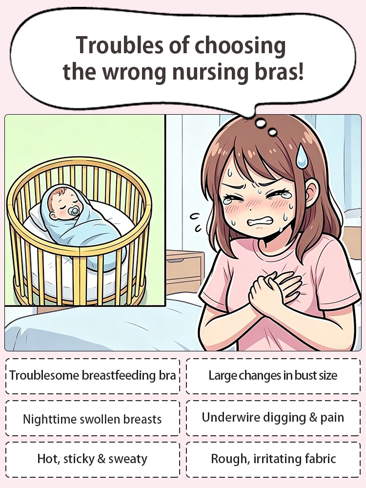 Illustration of nursing bra problems such as engorgement, sweat and underwire pain - VEIMIA