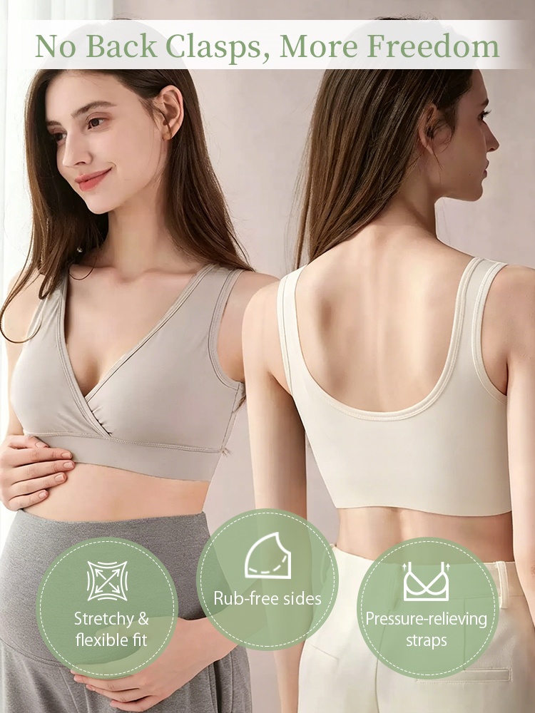 Front and back view of clasp-free maternity nursing bra with wide pressure-relieving straps - VEIMIA