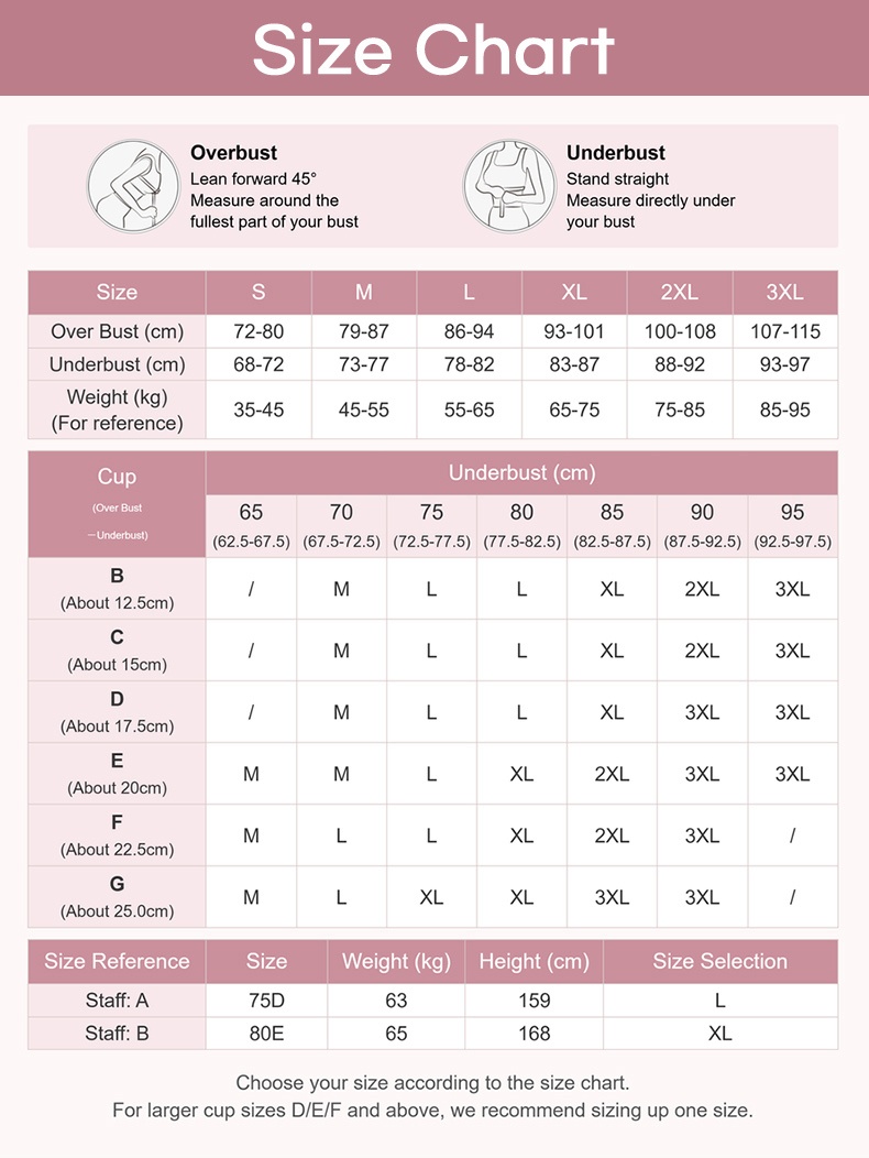 Bra size chart with overbust underbust weight and cup size measurement guide VEIMIA