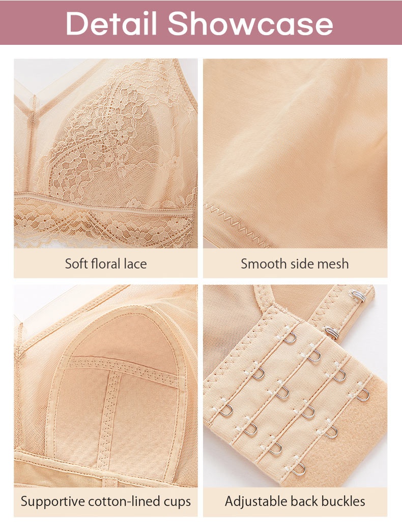 Detail showcase of beige bra floral lace side mesh lined cups and back hooks VEIMIA