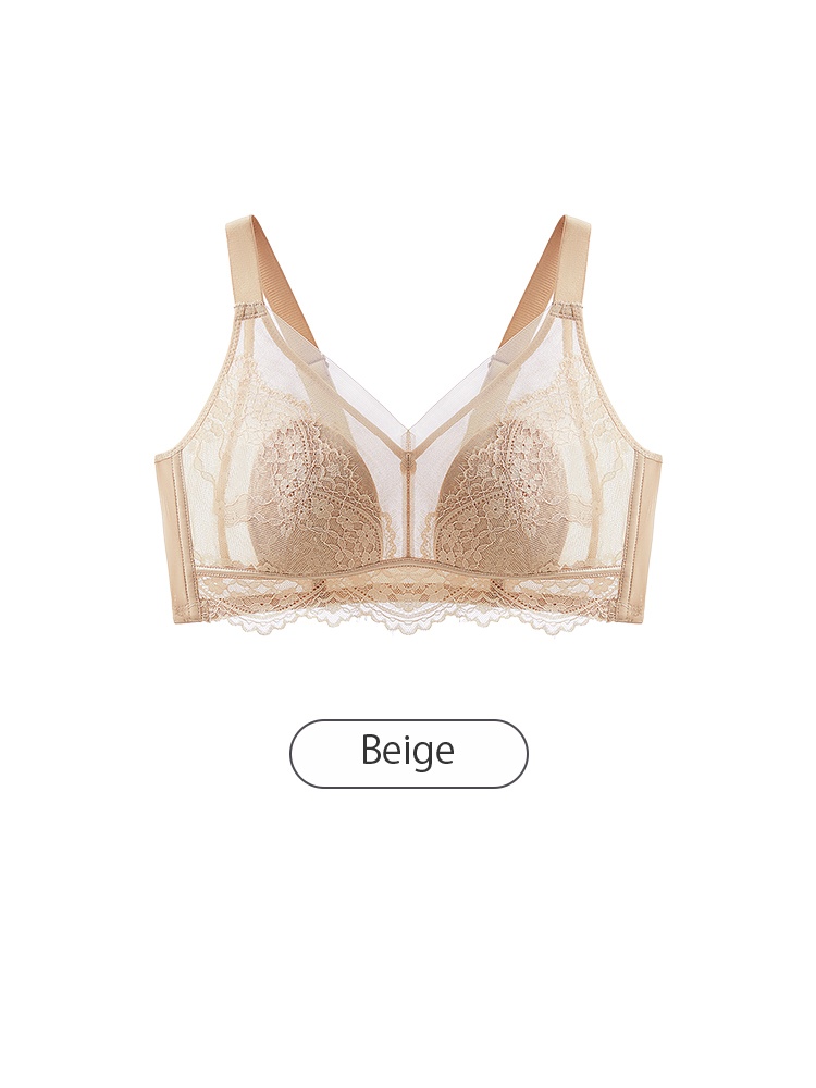 Beige V-neck lace bra front view with wide shoulder straps and scalloped hem VEIMIA