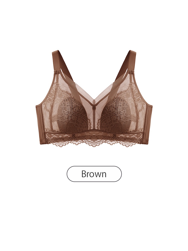 Brown V-neck lace bra front view with sheer mesh and floral lace cups VEIMIA