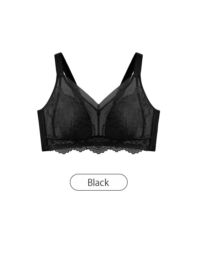 Black V-neck lace bra front view with floral cups and scalloped lace trim VEIMIA
