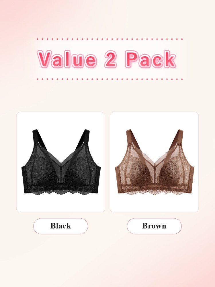 Two pack lace bras displayed in black and brown front views VEIMIA