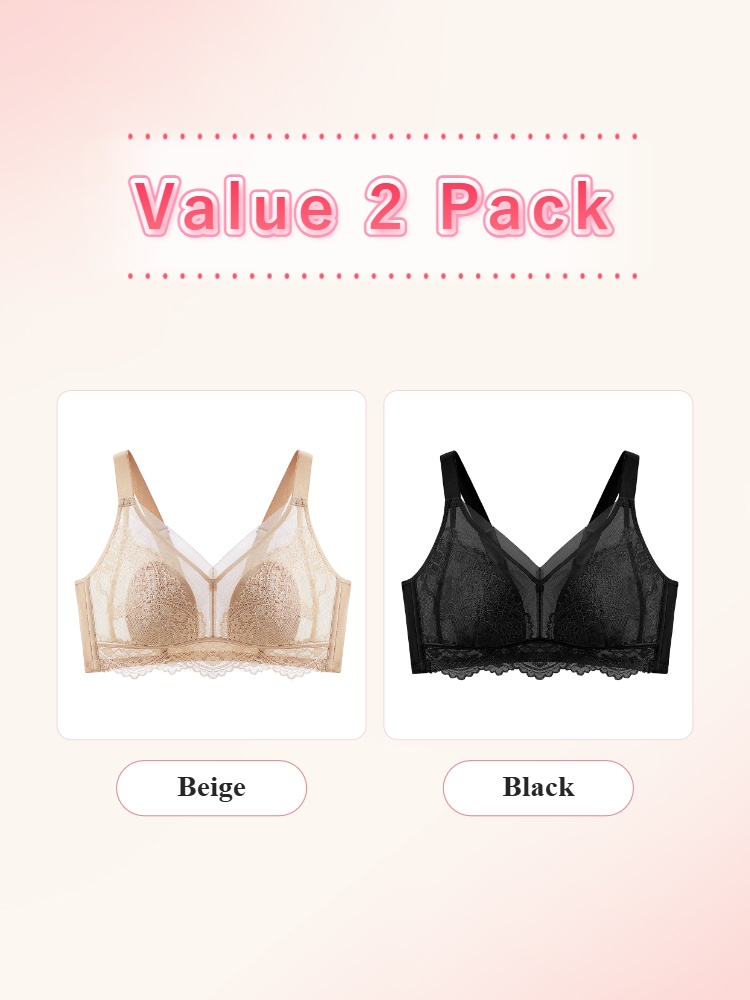 Two pack lace bras displayed in beige and black front views VEIMIA