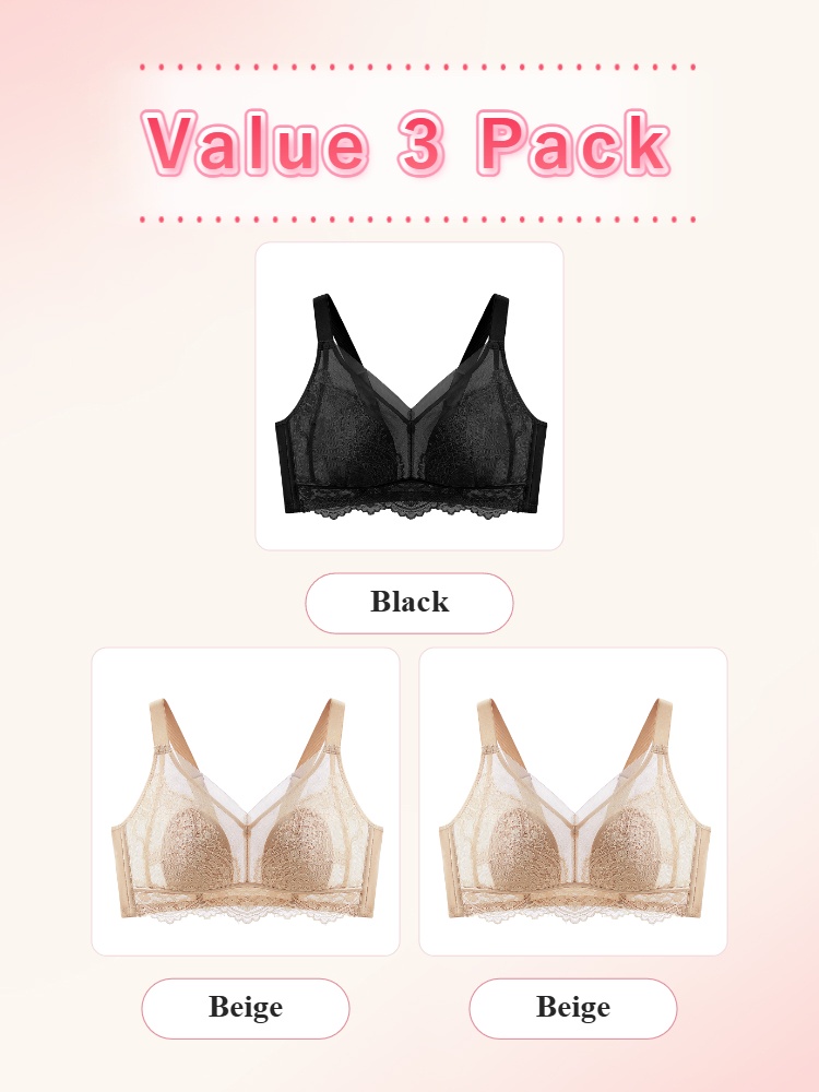 Three pack lace bras showing one black and two beige options VEIMIA