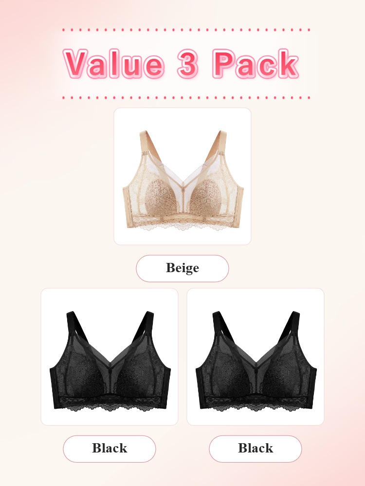 Three pack lace bras showing one beige and two black options VEIMIA