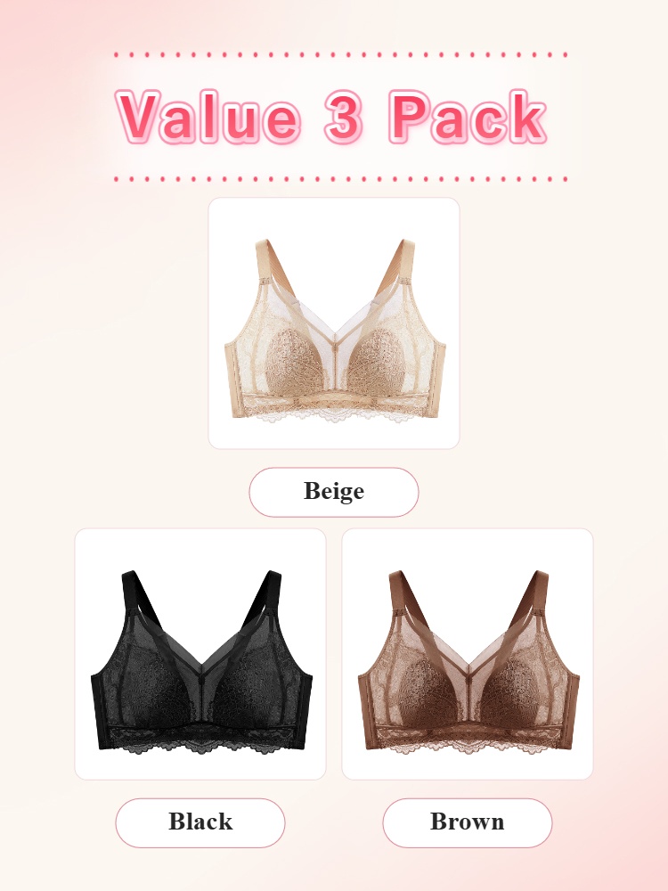 Three pack lace bras showing beige black and brown color options VEIMIA
