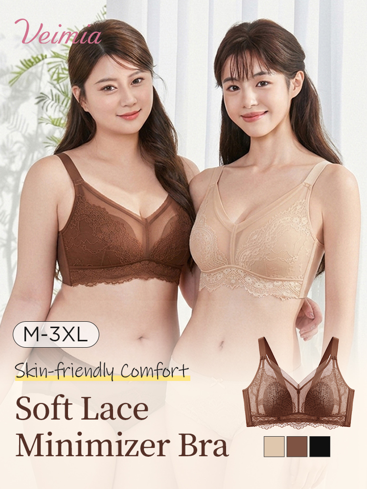 Two models wearing brown and beige V-neck lace minimizer bras with color swatches VEIMIA