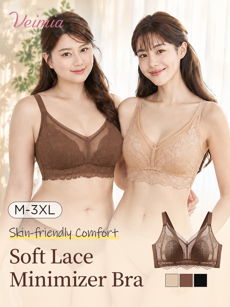 Two models wearing brown and beige V-neck lace minimizer bras with color swatches VEIMIA