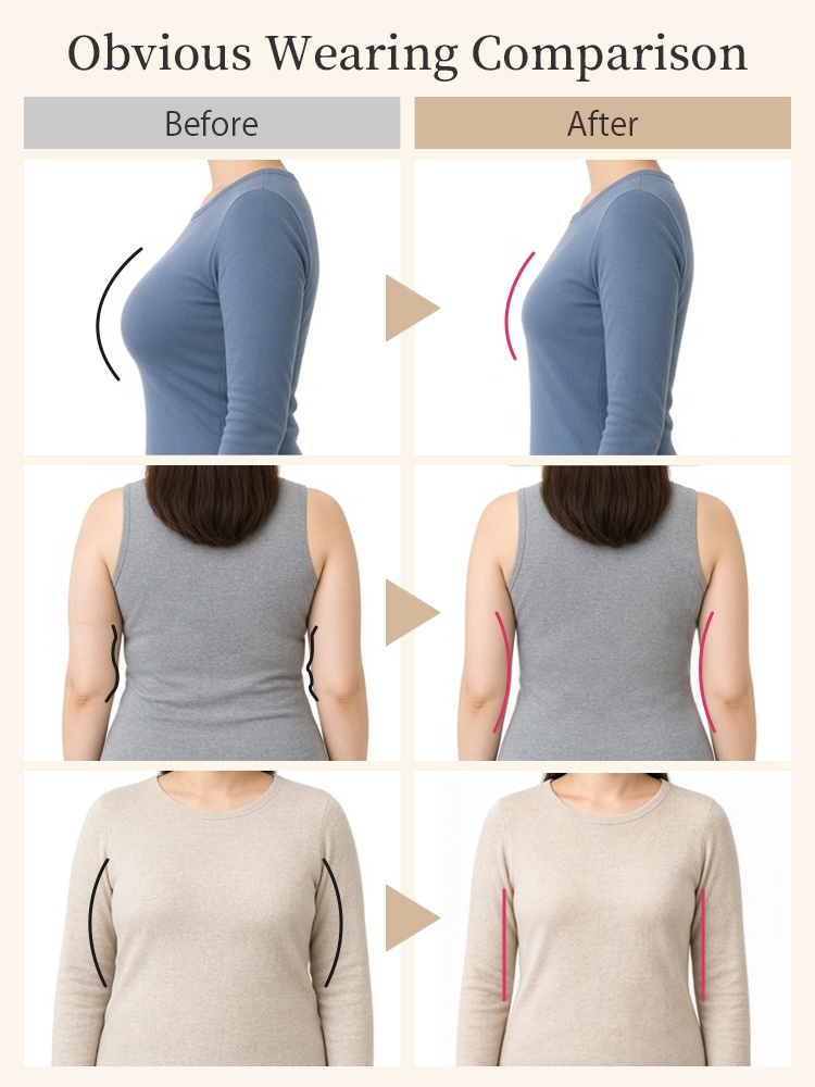 Before and after outfit comparison showing side front and back silhouettes VEIMIA