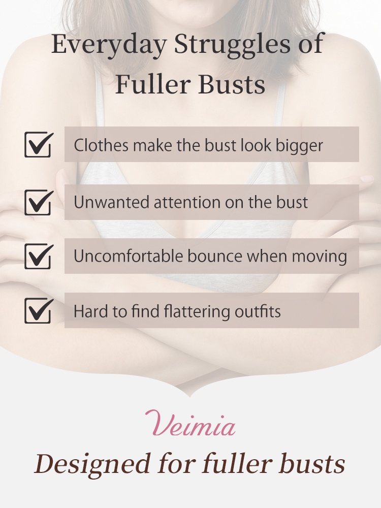 Feature graphic listing common fuller bust clothing and movement concerns VEIMIA