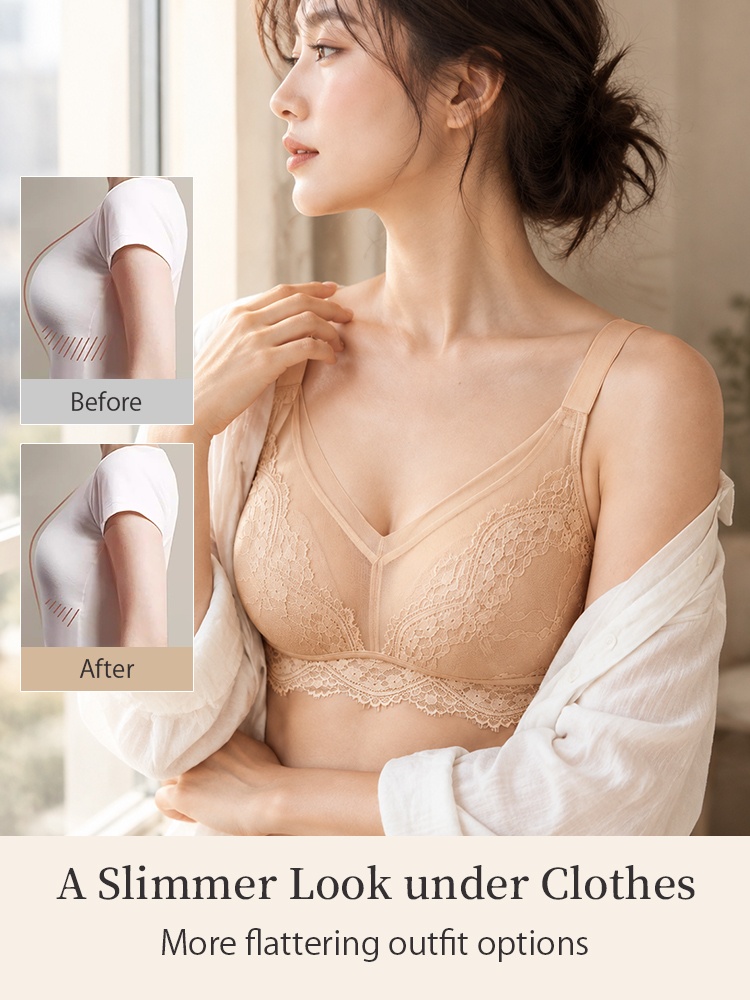 Model wearing beige lace minimizer bra beside a before and after side profile comparison VEIMIA