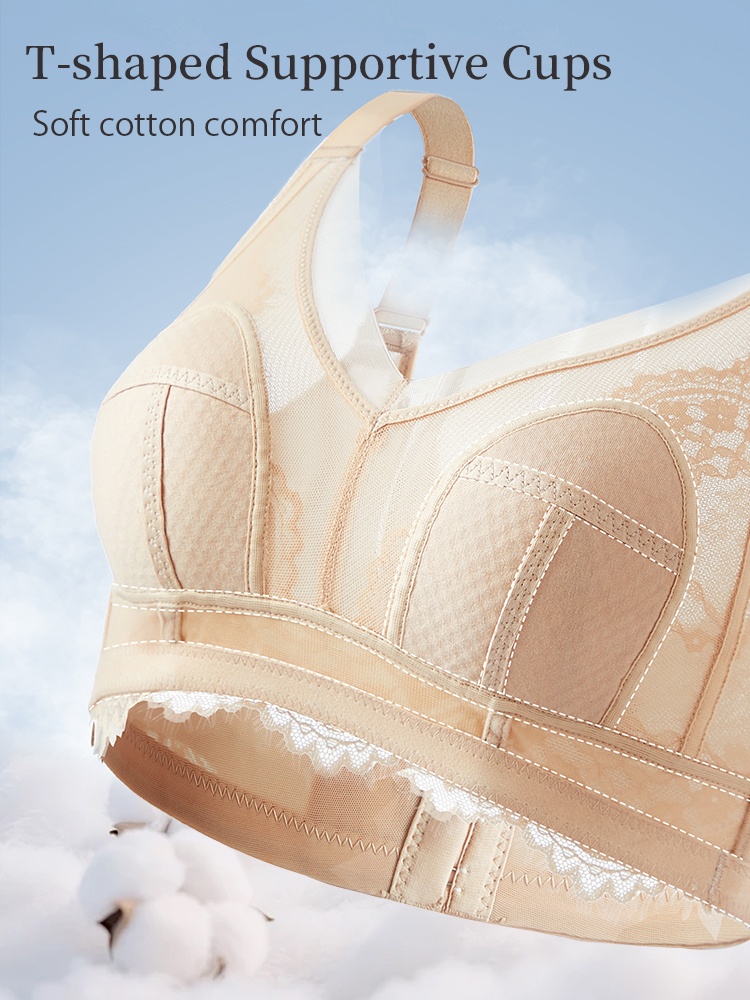 Inside view of beige bra showing T-shaped cup seams and cotton lining VEIMIA
